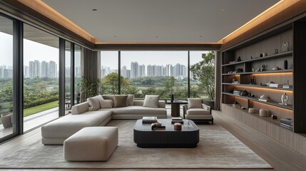 Poster - Modern living room with large windows and stylish decor.