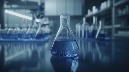 Poster - A laboratory scene featuring a blue liquid-filled flask, surrounded by various glassware, highlighting a scientific and sterile environment.
