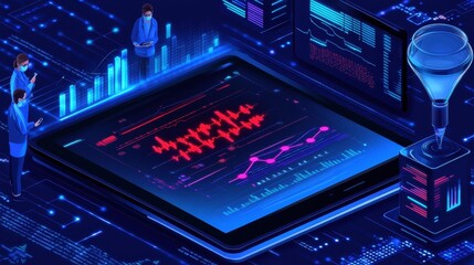 Poster - A digital scene showcasing data analysis on a tablet, featuring graphs and figures in a futuristic, blue-themed environment.