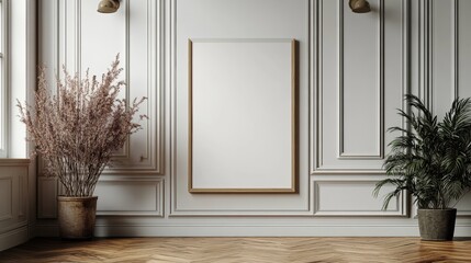 Sticker - Elegant Interior Design Mockup: Blank Canvas and Natural Plants in a Classic Room