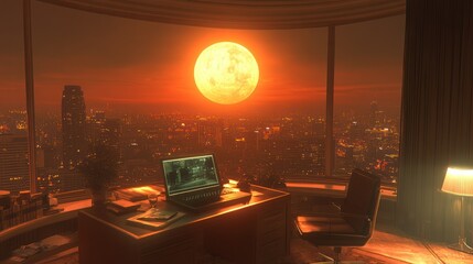 Poster - Futuristic office view with a large moonrise backdrop.
