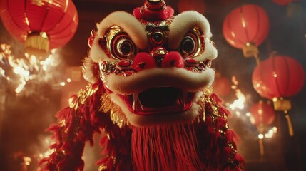 Vibrant Lion Dance Performance: Red and Gold Costume in Motion with Glowing Lanterns, Dramatic Lighting, and Sharp Focus in Stunning 8K Resolution.