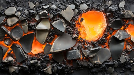 Glowing orange lava flowing through fractured dark rocks.