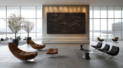Poster - Modern lounge area with artistic decor and large windows.