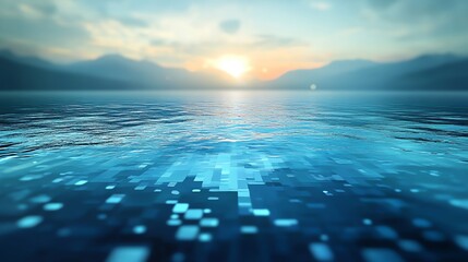 Wall Mural - Serene Sunset: Pixelated Ocean at Dusk, Tranquil Digital Landscape