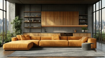 Poster - Modern living room with an orange sectional sofa.