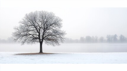 Wall Mural - Solitary frost-covered tree in snowy field, foggy background.