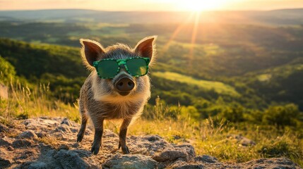 Cute piglet wearing sunglasses on a hilltop at sunset.