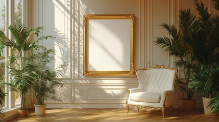 Sticker - Elegant Interior Design: Sunlit Room with Gold Frame and Plush Chair