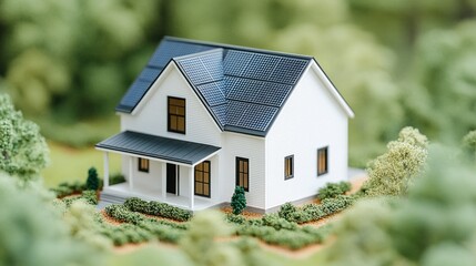 Poster - Model house with solar panels in a green setting.