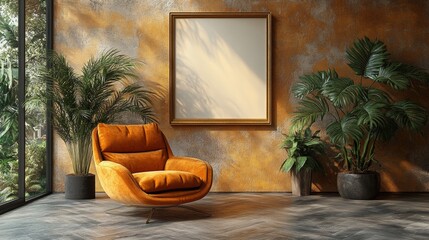 Sticker - Relaxing Interior Design with Orange Armchair and Tropical Plants