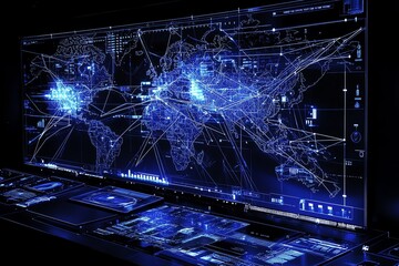 Poster - Global Network: A Futuristic Blue Digital World Map Display