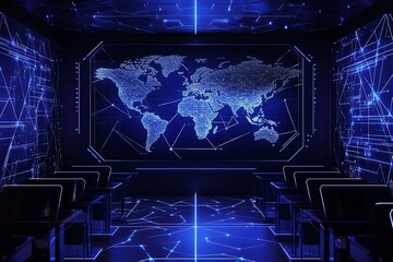 Poster - Global Network: A Futuristic Blue-Lit Classroom with a Connected World Map