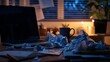 © Lupinetta - Writer working late at night struggling with creative block and blank page on laptop