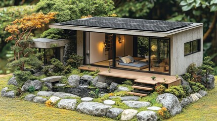 Poster - Modern miniature house with landscaped garden and pond.