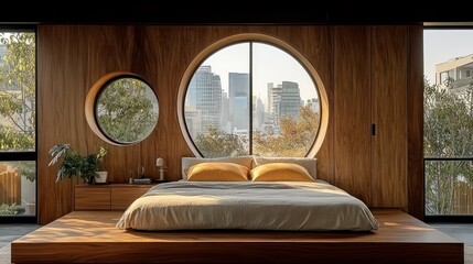Poster - Modern bedroom with circular windows and city view.