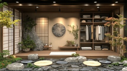 Poster - Tranquil interior with natural elements and organized space.