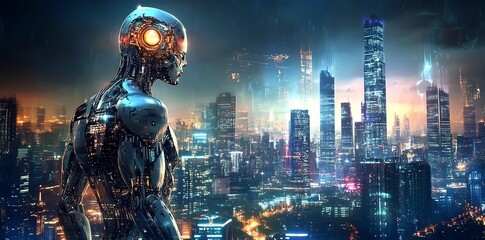 Poster - Cybernetic Sentinel: A Futuristic Metropolis Nightscape