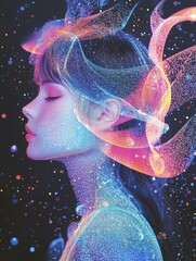 Poster - Captivating fantasy portrait of woman with colorful fluid shapes studio digital art ethereal atmosphere side view