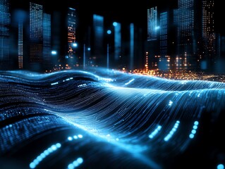 Poster - Digital Cityscape: Glowing Data Waves Flowing Over Night City