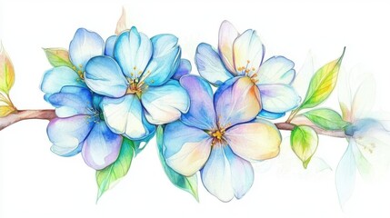 Wall Mural - Beautiful watercolor illustration of blue flowers with delicate petals and vibrant leaves capturing the essence of nature.