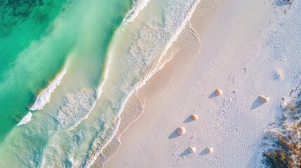 Serene Aerial View of Turquoise Ocean Waves on Sandy Beach Shoreline