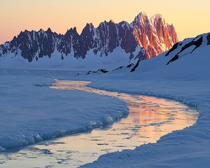 Poster - Sunset over Antarctic mountains reflecting in a snow-covered stream.