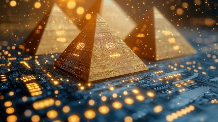 Poster - Futuristic pyramids on a circuit board with glowing elements.