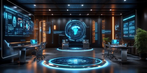 Poster - Futuristic Control Room: Sleek Design with Glowing Blue Interfaces