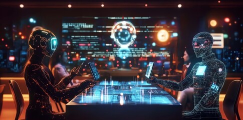 Poster - Cybernetic Duo: Networked Robots Collaborate in Futuristic Setting