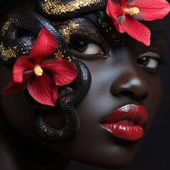 Poster - Portrait of a model with flowers and snake motifs.
