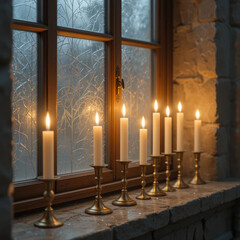 Candles lit on a windowsill, creating a warm, inviting atmosphere.