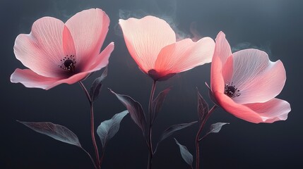 Sticker - Three delicate pink flowers with smoky background.