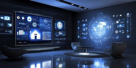 Poster - Futuristic Smart Home Control Room:  Blue-toned Digital Interface and Modern Design
