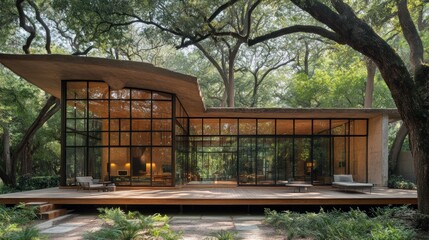 Poster - Modern glass house nestled in a lush forest setting.
