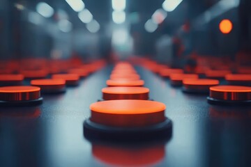 Poster - Bright Red Buttons in a Factory Setting with Blurred Background and Industrial Vibe