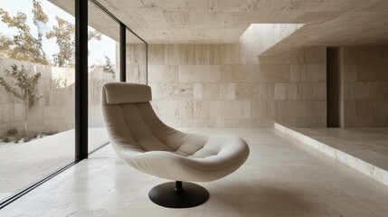 Poster - Modern lounge chair in a minimalist interior space.