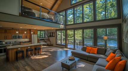 Poster - Modern living space with large windows and scenic views.