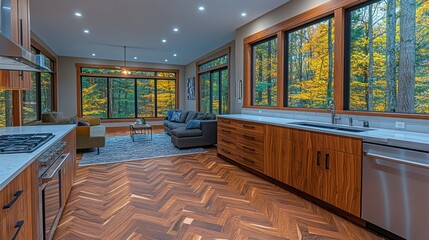 Poster - Modern kitchen with scenic forest view and cozy seating.