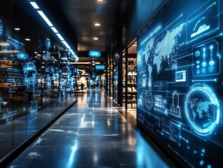 Poster - Futuristic Digital Corridor: Glowing Screens and Sleek Design