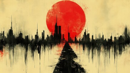 Poster - Abstract cityscape with a large red sun backdrop.