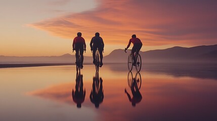 Canvas Print - Three cyclists ride at sunset, reflected in still water.