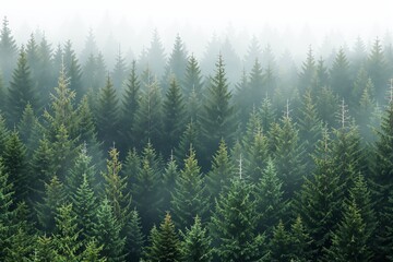  Dense evergreen forest with tall pine trees in a misty atmosphere, soft light creating a serene mood, on a natural background. Concept of nature beauty. Ai generative