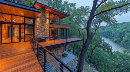 Poster - Modern house overlooking a river in a wooded area.