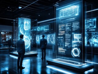 Poster - Futuristic Data Visualization: Two Figures Contemplating Illuminated Holographic Displays