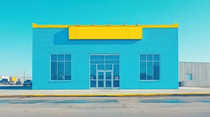 Poster - Bright blue building with a yellow sign and large windows.