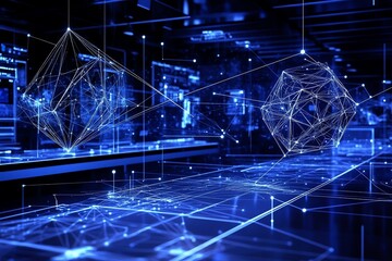Poster - Digital Network: Glowing Geometric Forms in a Futuristic Blue Landscape
