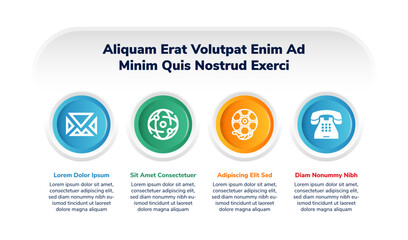 four points stage template infographic concept for slide presentation with big circle outline with white icon design on horizontal with 4 point list with gradient style on white background.