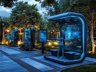 Poster - Futuristic Smart Kiosk: Interactive Displays in a Serene Park Setting