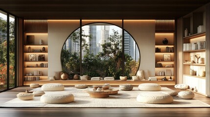 Poster - Modern zen living room with circular window view.